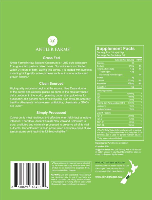 Detalle del calostro Antler Farms en polvo