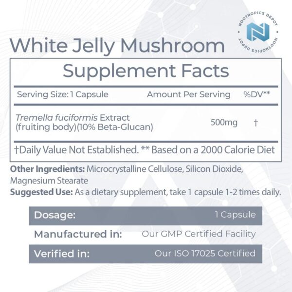 Detalle de cápsulas de 500mg de hongo jelly blanco