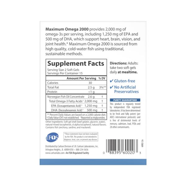 Detalle de cápsulas de aceite de pescado noruego Carlson Omega 2000