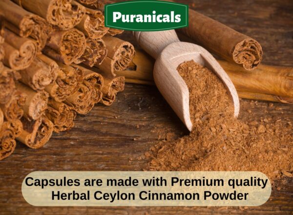 Detalle de cápsulas de canela Puranicals 700 mg por porción