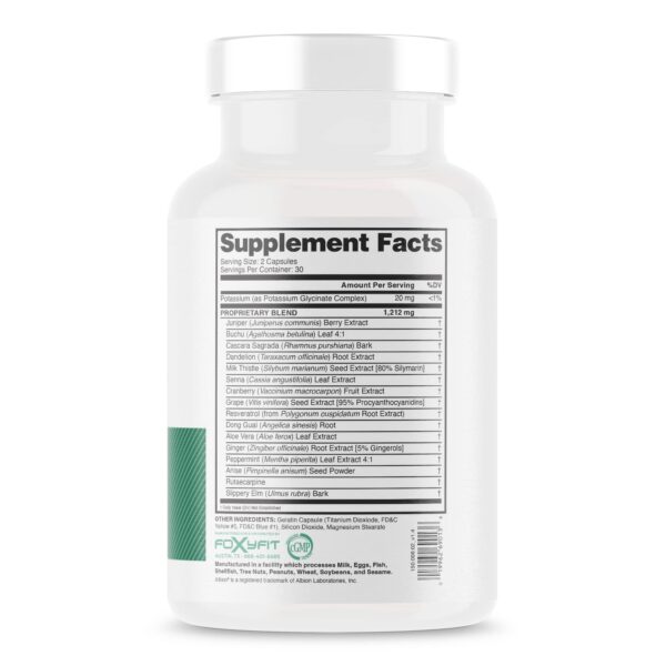 Detalle cápsulas FoxyFit Detox femenino apoyo digestión