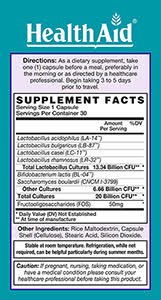 Detalle cápsulas HealthAid TravelProbio suplemento probiótico