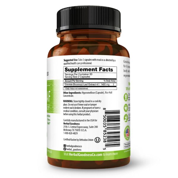 Detalle cápsulas Herbal Goodness graviola 700mg suplemento digestivo