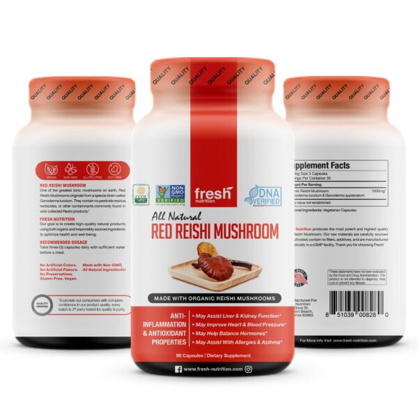 Detalle de cápsulas de hongo Reishi Fresh Nutrition
