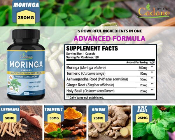Detalle de cápsulas de moringa Cadane con ingredientes naturales