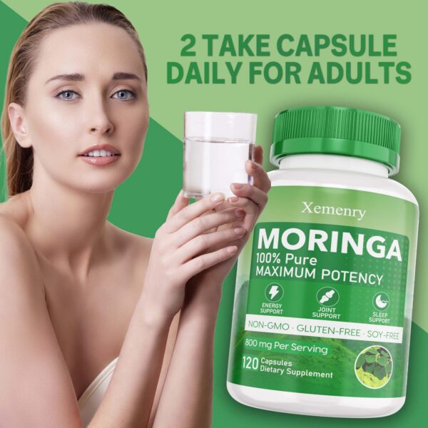 Detalle de cápsulas moringa polvo puro Xemenry