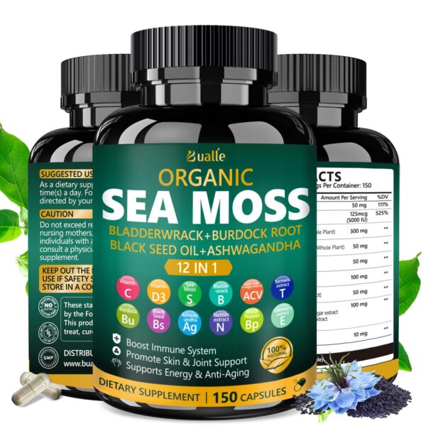 Detalle de cápsulas de musgo marino Bualle para sistema inmunológico y energía