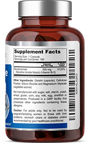 Detalle de cápsulas de nicotinamida 500 mg B-3 Health Genesis