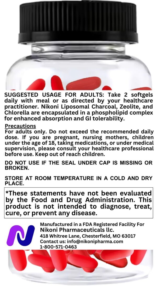 Detalle cápsulas blandas Nikoni zeolita carbón activado chlorella