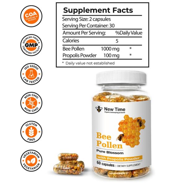 Version 1.0.0 Detalle de cápsulas de polen de abeja con ingredientes naturales orgánicos