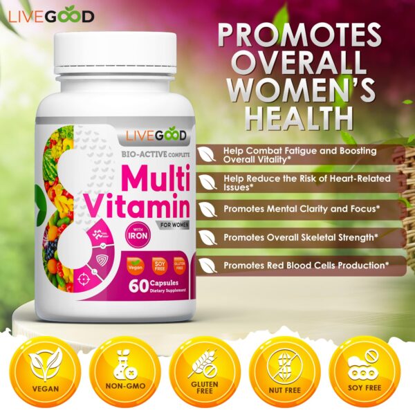 Detalle de cápsulas para suplemento multivitamínico LIVEGOOD para mujeres