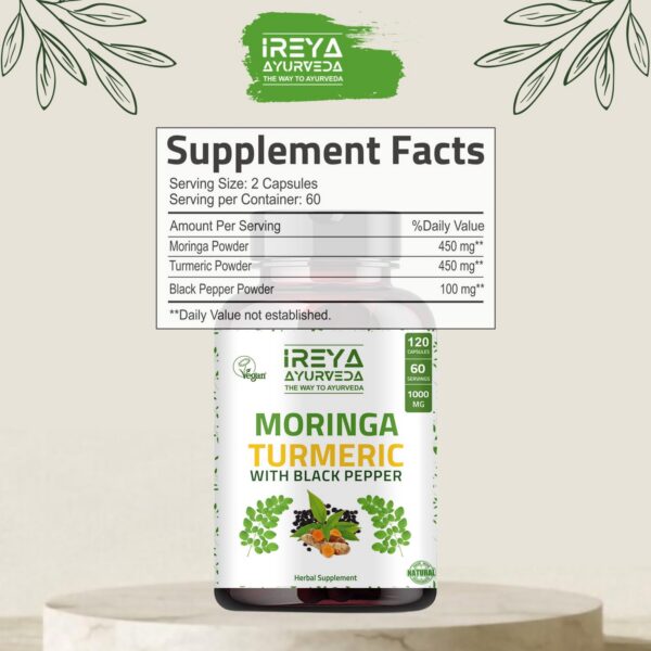 Detalle cápsulas suplemento moringa y cúrcuma orgánico