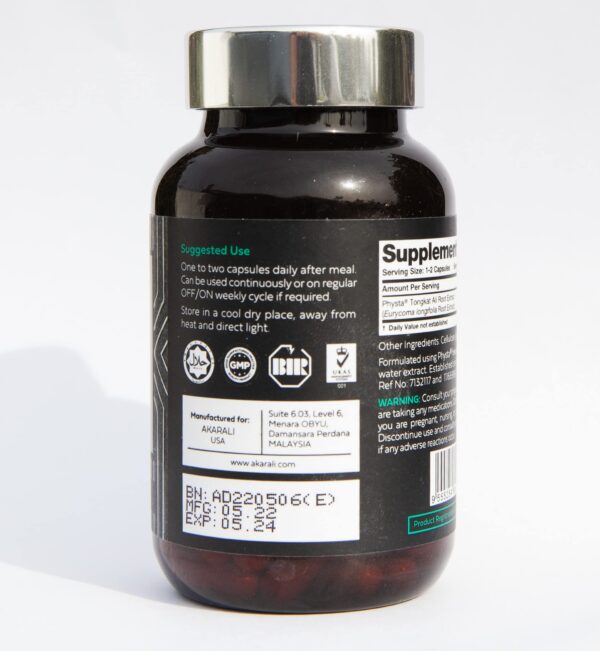 Detalle cápsulas naturales 200mg Tongkat Ali para energía y rendimiento