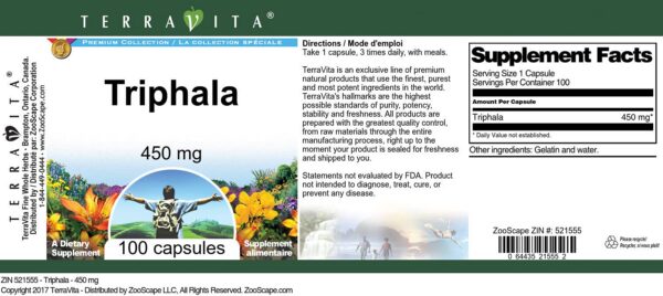 Version 1.0.0 Detalle de cápsulas Triphala 450 mg en envase sellado TerraVita