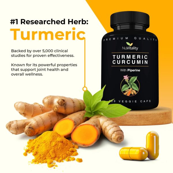 Detalle cápsulas Turmeric Curcumin NuVitality para soporte articular
