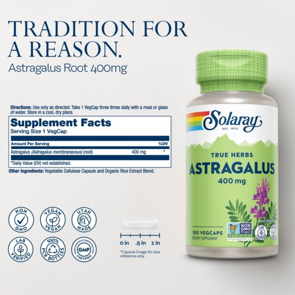 Detalle cápsulas vegetales raíz de astrágalo SOLARAY