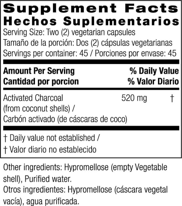 Detalle cápsulas vegetarianas carbón activado de coco Bio Nutrition
