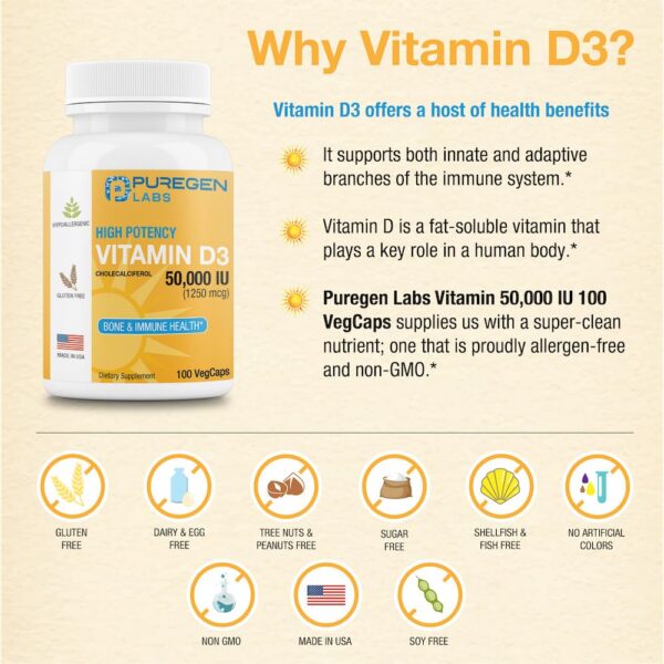 Detalle cápsulas Vitamina D3 50000 IU Puregen Labs