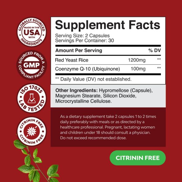 Detalle de CoQ10 y arroz de levadura roja en etiqueta