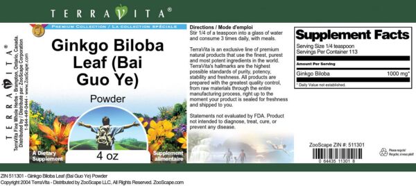 Detalle empaque polvo ginkgo biloba hoja natural 113 gramos