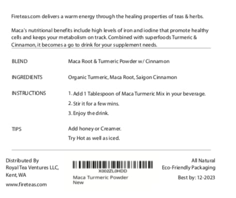 Detalle empaque polvo maca y cúrcuma Fire Teas