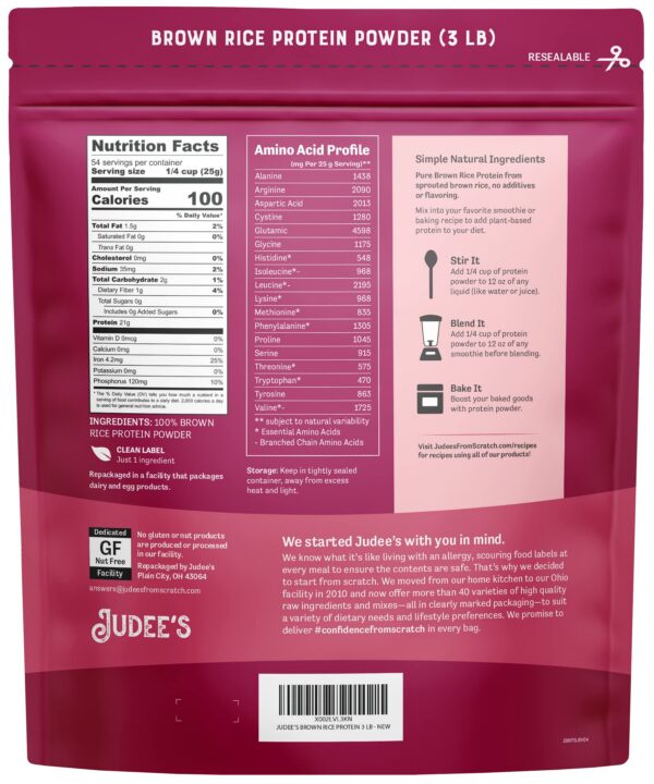 Detalle empaque proteína de arroz germinado Judee's