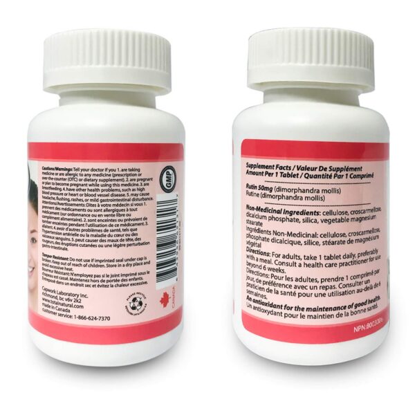 Detalle empaque Total Natural Rutin 90 tabletas