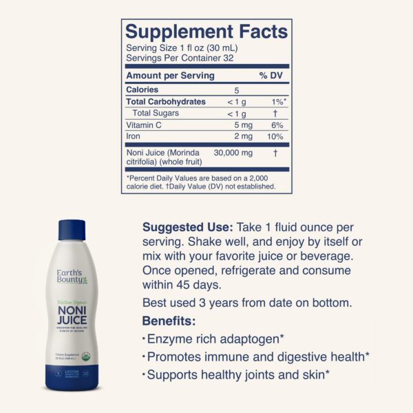 Detalle del envase de jugo de noni Earth’s Bounty sin aditivos