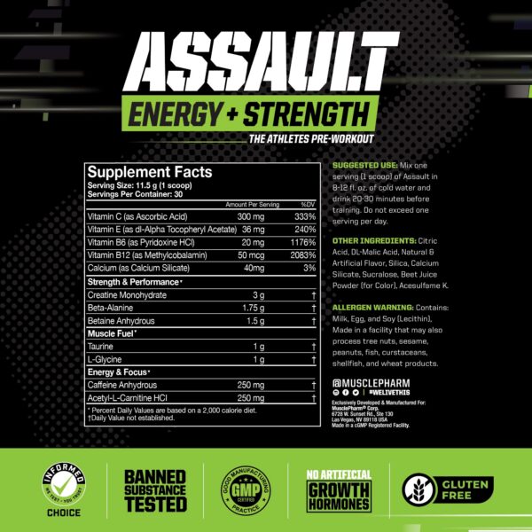 Detalle del envase MusclePharm Assault con ingredientes claves