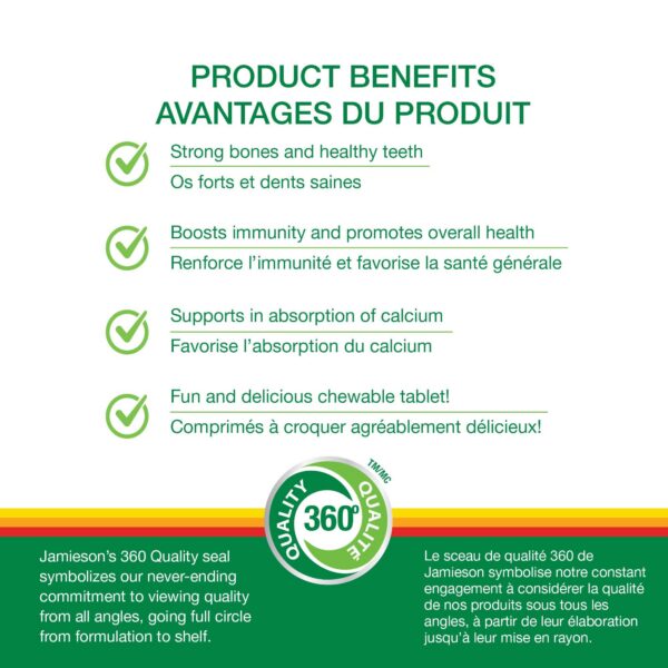 Detalle del envase vitaminas D3 Jamieson masticables sabor naranja