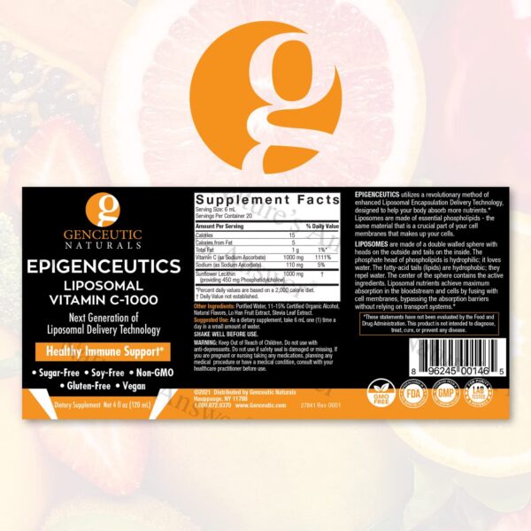 Detalle etiqueta botella vitamina c liposomal Epigenceutics