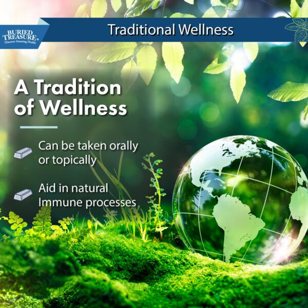 Detalle etiqueta Buried Treasure plata líquida 30 ppm, suplemento inmunológico