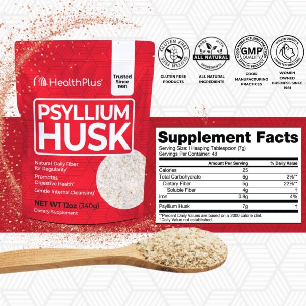 Detalle etiqueta cáscara de psyllium Health Plus