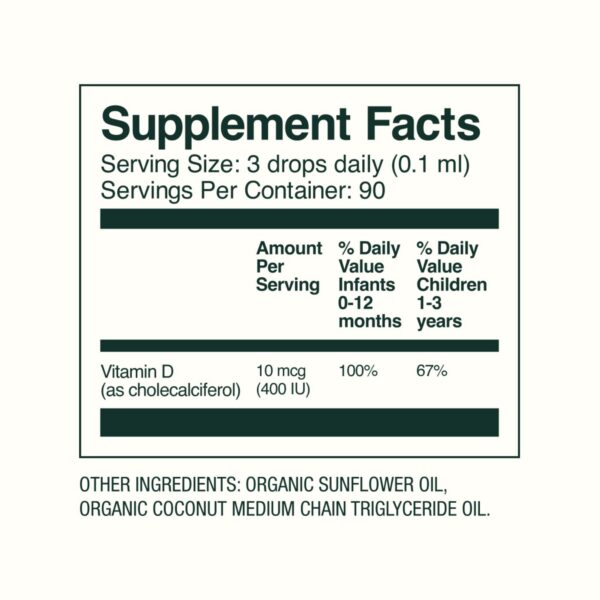 Detalle etiqueta y dosificador gotas vitamina D Bobbie