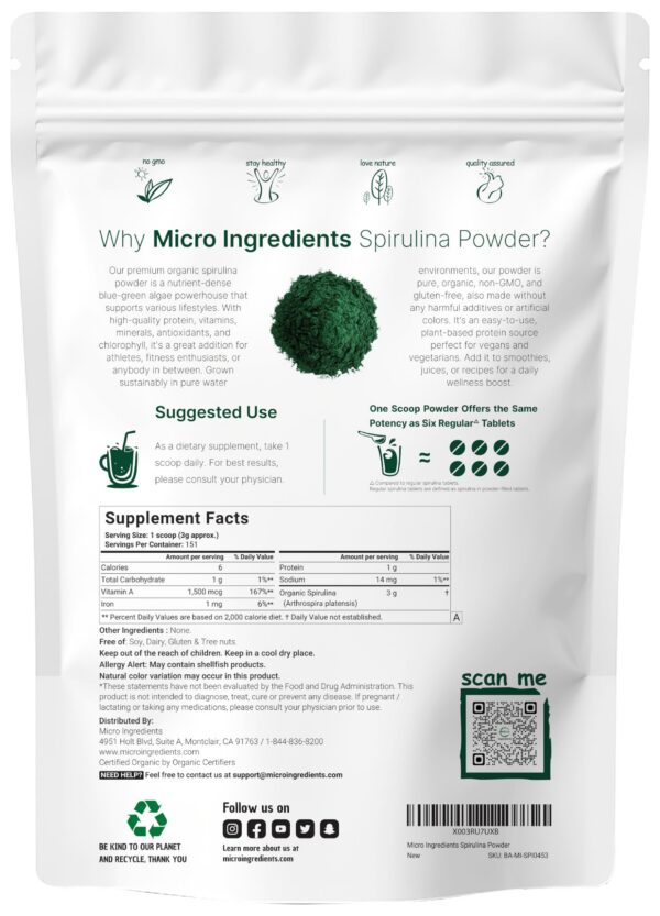 Detalle etiqueta de espirulina orgánica en polvo