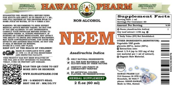 Detalle etiqueta extracto Neem Hawaii Pharm sin alcohol