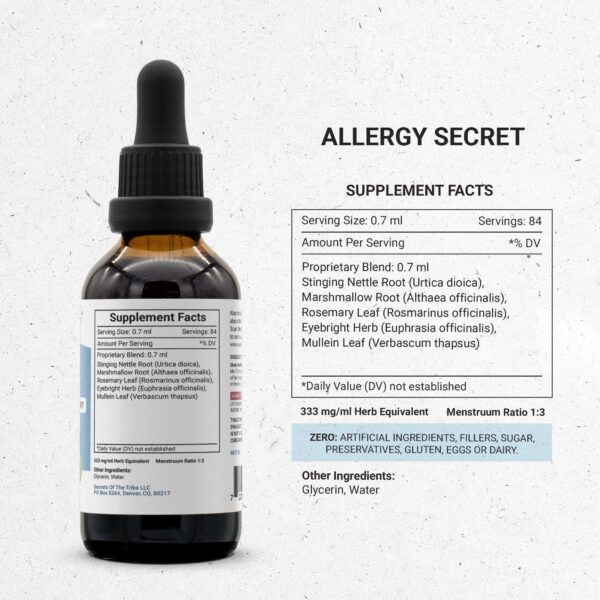 detalle etiqueta extracto sin alcohol Allergy Secret 2 oz