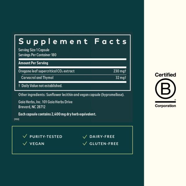 Version 1.0.0 Detalle etiqueta suplemento Gaia Herbs aceite de orégano