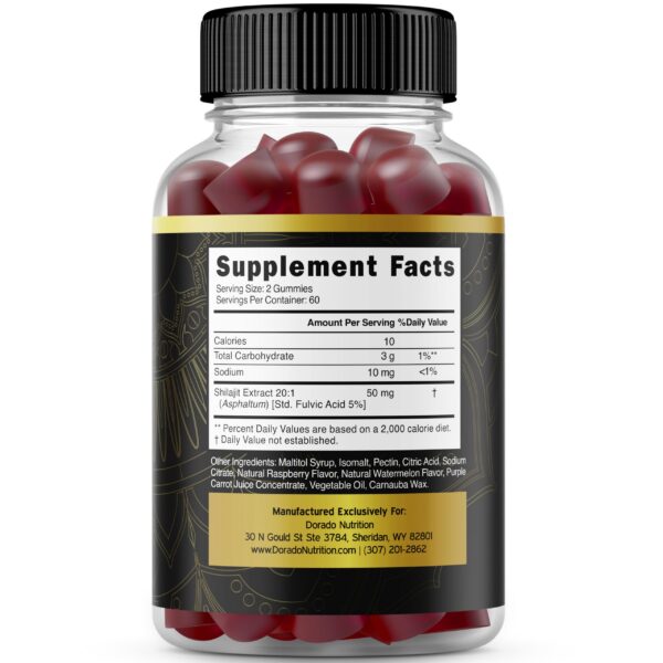 Detalle etiqueta gomitas shilajit dorado nutrition