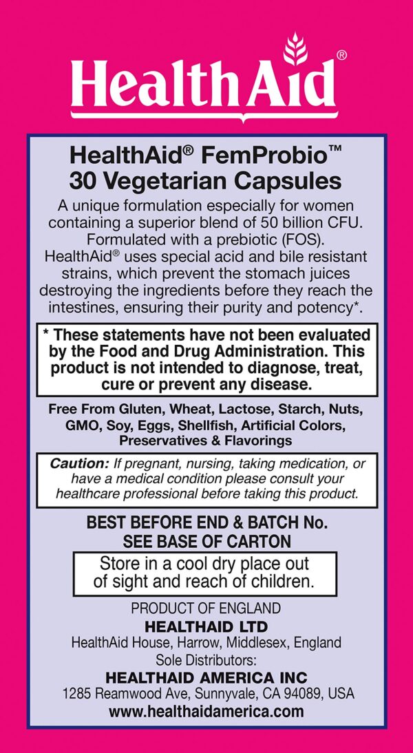 Detalle etiqueta HealthAid FemProbio 30 cápsulas vegetales