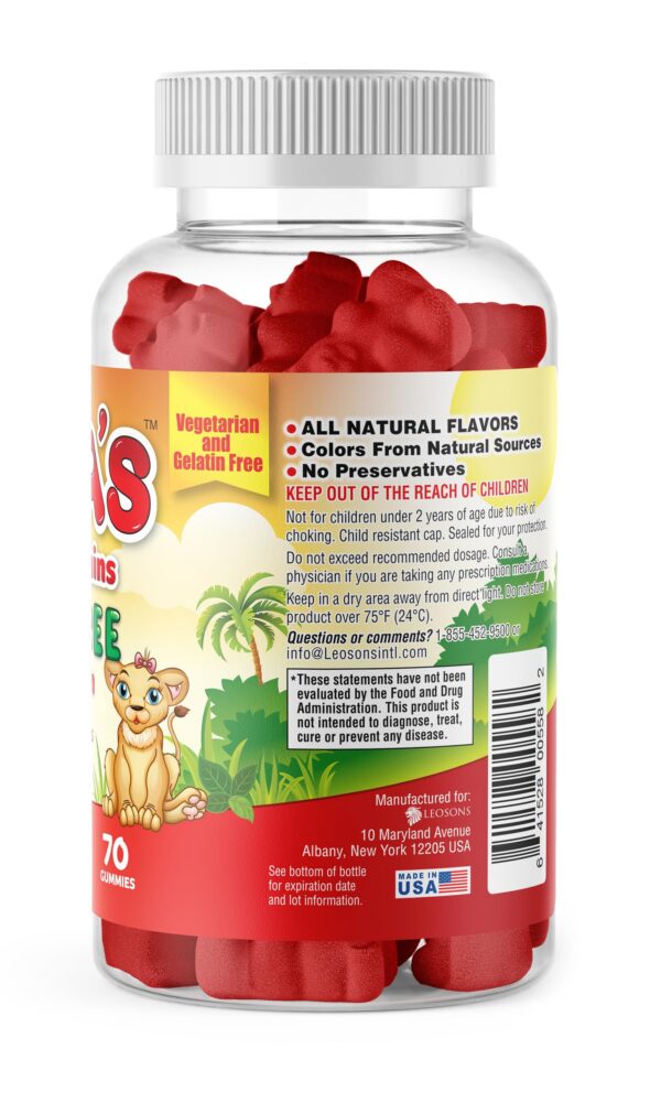 Detalle de etiqueta con nutrientes de gomitas multivitamínicas LEONA'S