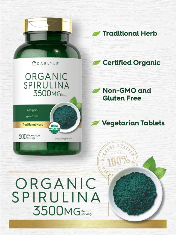 Detalle de etiqueta orgánica y no GMO Carlyle spirulina