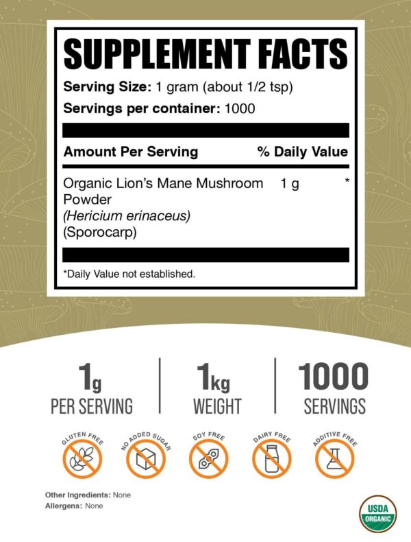 Detalle etiqueta polvo suplemento Melena de León orgánico BulkSupplements