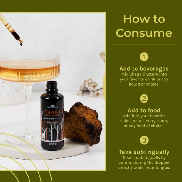 Detalle etiqueta suplemento de hongo Chaga Naturealm, cuerpo fructífero