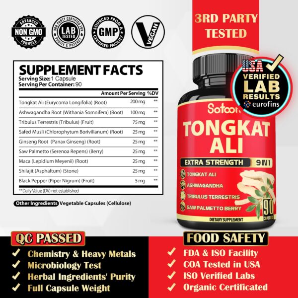 Detalle etiqueta suplemento natural con tongkat ali Satoomi