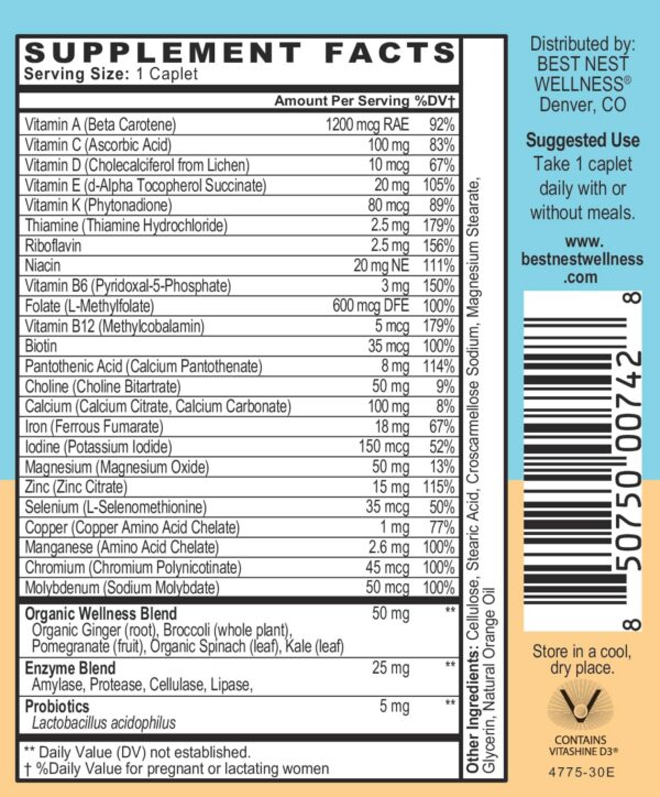 Detalle etiqueta suplemento vitamínico postnatal Best Nest Wellness