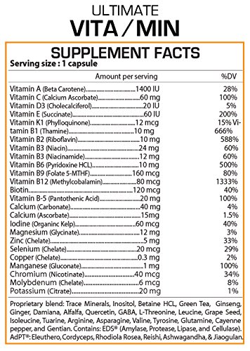 Detalle etiqueta suplemento vitamínico multivitamínico Ultimate Vita-Min