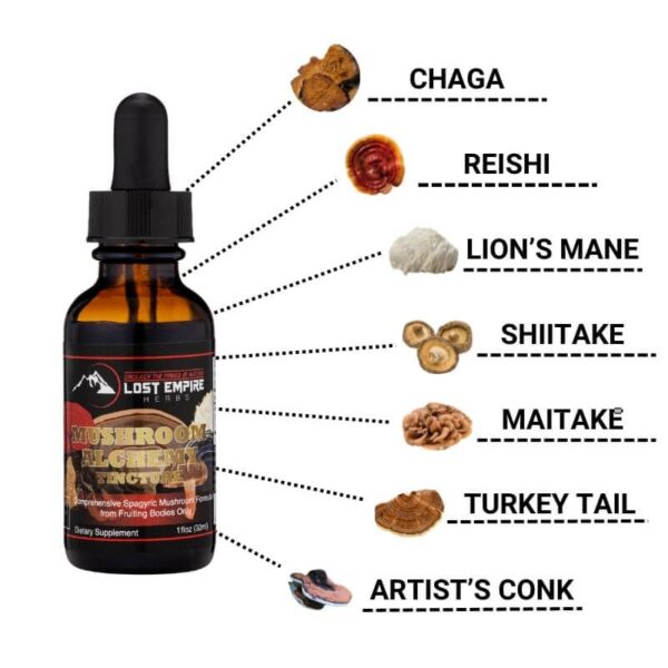 Detalle de la etiqueta de la tintura de hongos