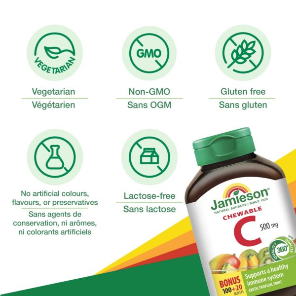 Detalle etiqueta vitamina c masticable jamieson 120 unidades