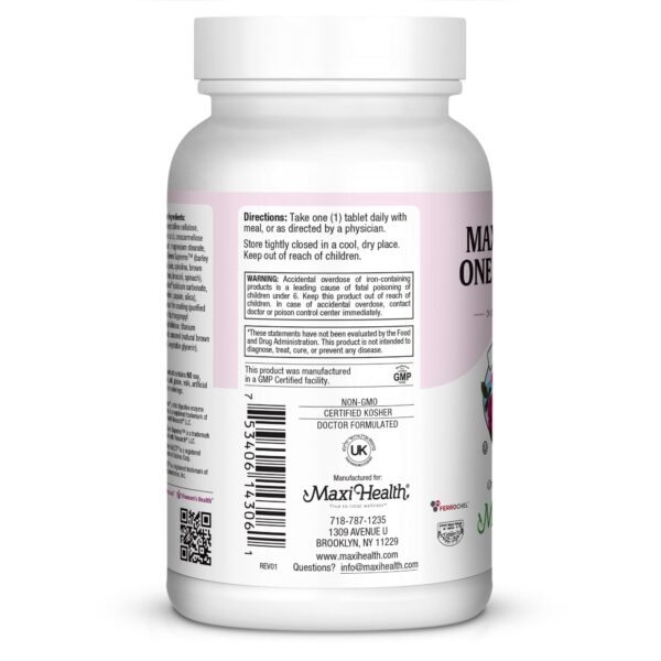 Detalle etiqueta de vitaminas prenatales Maxi Health One